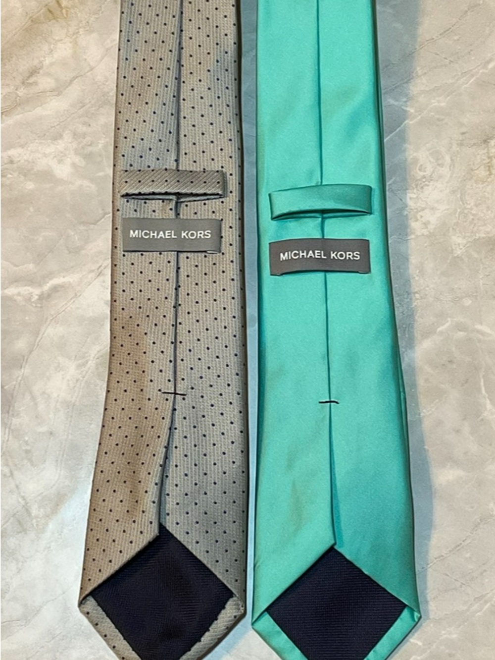 Michael Kors Teal Solid Tie and Gray Navy Microdot Tie